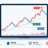 주식 매수 시점의 원칙과 매도 시점의 원칙, 분할 매수 및 리스크 관리를 나타낸 플랫 벡터 일러스트