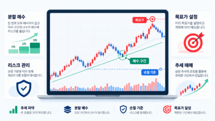 주식 매수 시점의 원칙과 매도 시점의 원칙, 분할 매수 및 리스크 관리를 나타낸 플랫 벡터 일러스트