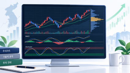 주식 기술적 분석의 4대 보조지표인 MACD, 이격도, 스토캐스틱, OBV와 매물대 차트를 시각화