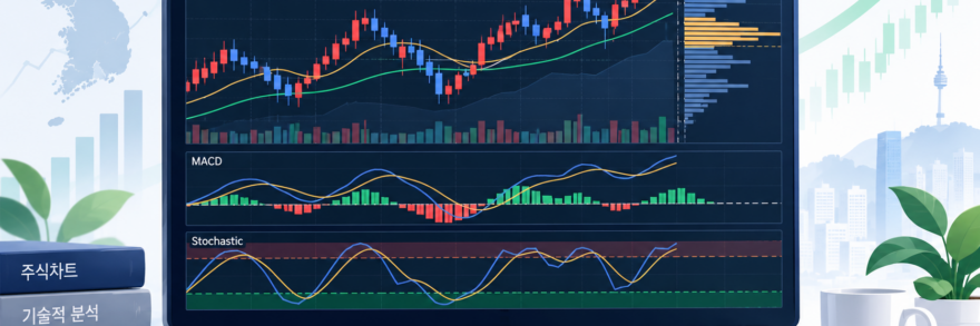 주식 기술적 분석의 4대 보조지표인 MACD, 이격도, 스토캐스틱, OBV와 매물대 차트를 시각화